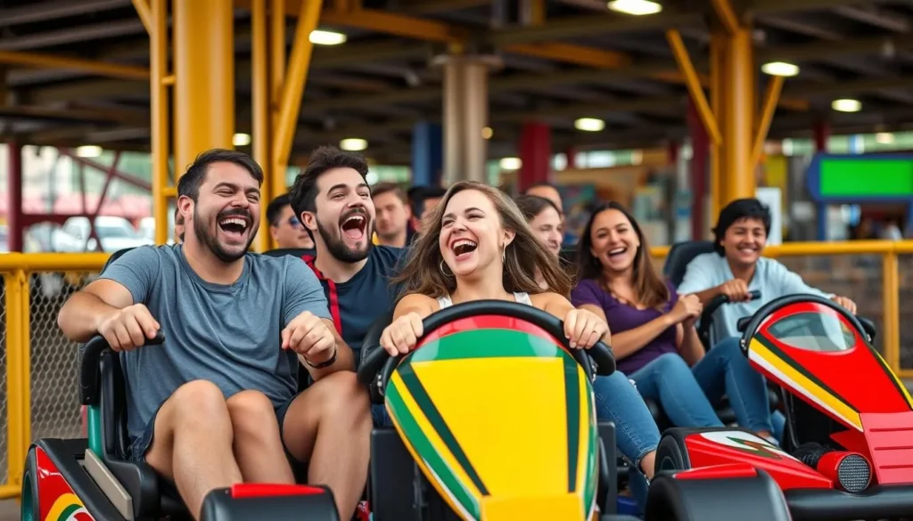 Image of people enjoying the roller coasters and go-kart tracks at Fun Spot America.