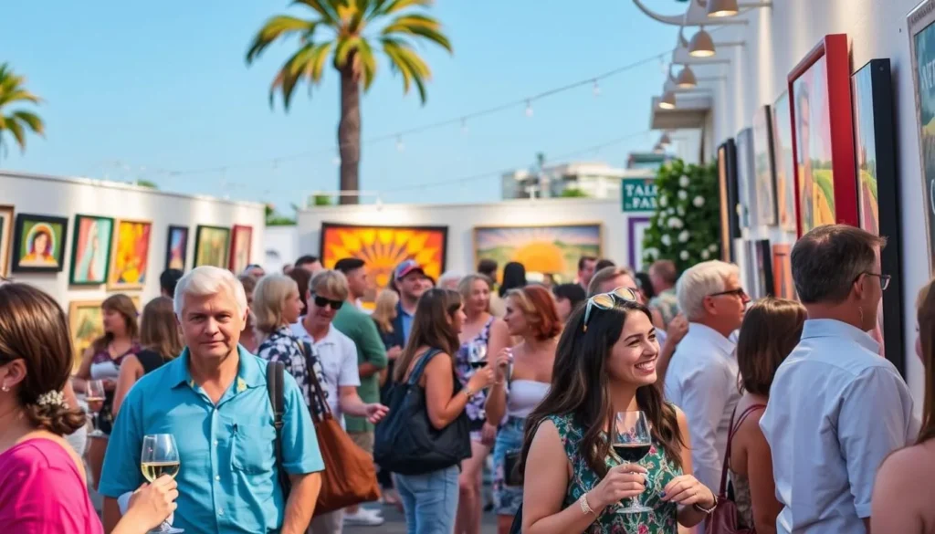 Image of people enjoying wine and art at the First Thursday Art Walk in Laguna Beach