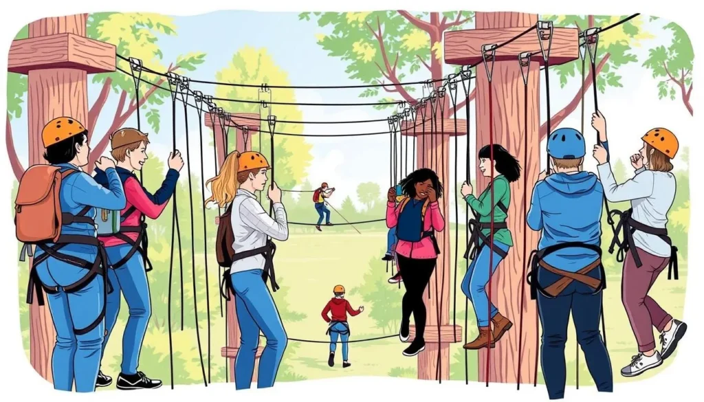 Image of people participating in high ropes courses at Adventure Southland