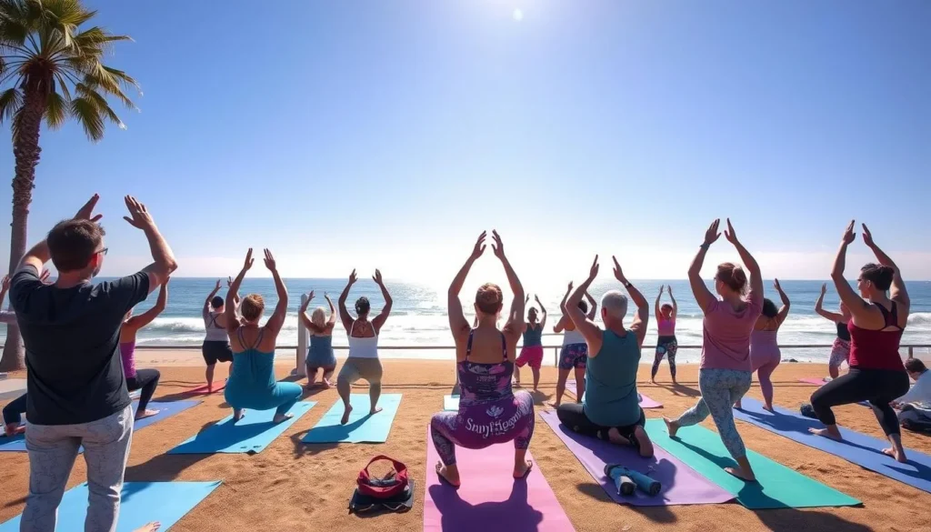 Image of people practicing yoga on Newport Beach