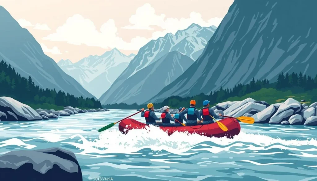 Image of people rafting on the Vjosa River with a backdrop of Albanian mountains.