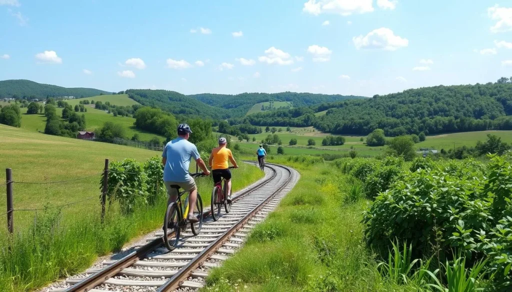 Image of people riding pedal-powered rail bikes through the Kentucky countryside