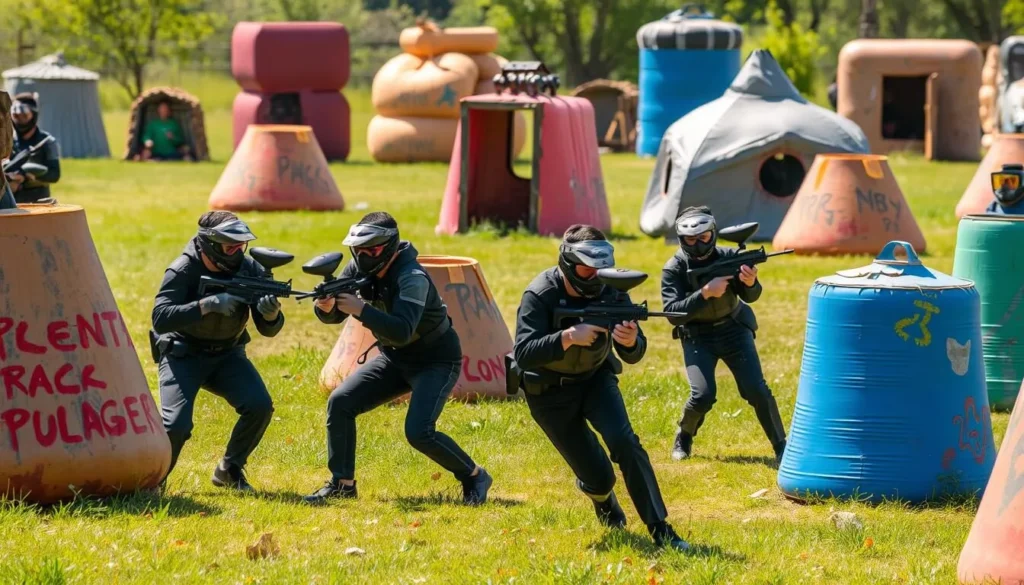 Image of players engaged in a game of paintball, with a field and obstacles in the background