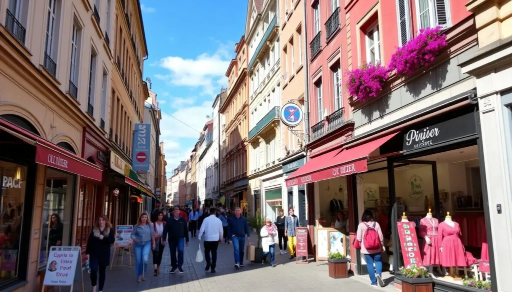 Image of rue Saint-Dizier, a bustling commercial street in Nancy, France, filled with shoppers and lined with various boutiques and shops.