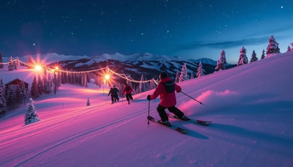 Image of skiers on an illuminated slope at Powder Mountain during a night skiing session.