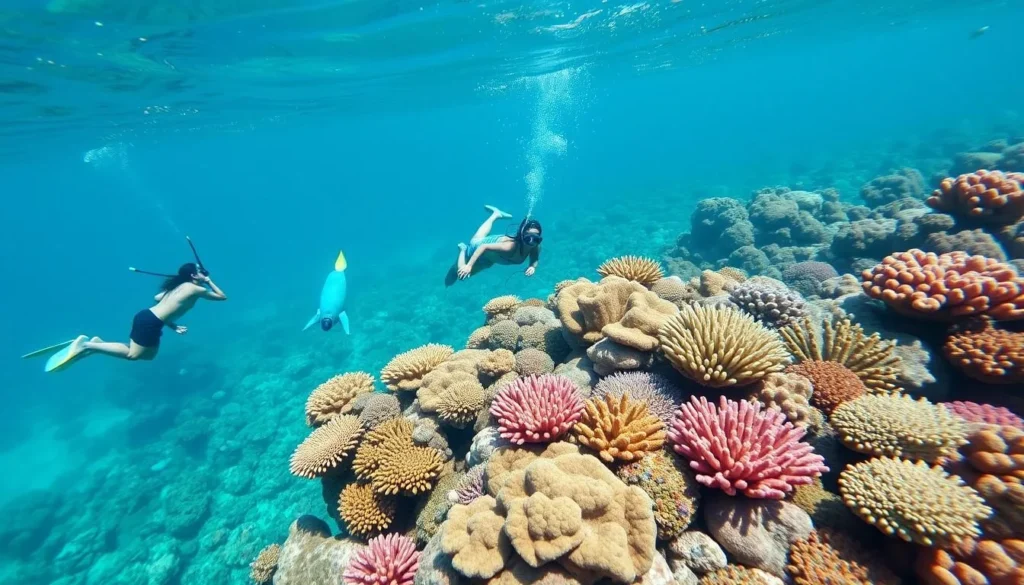 Image of snorkelers exploring the vibrant coral formations of the Andros Barrier Reef