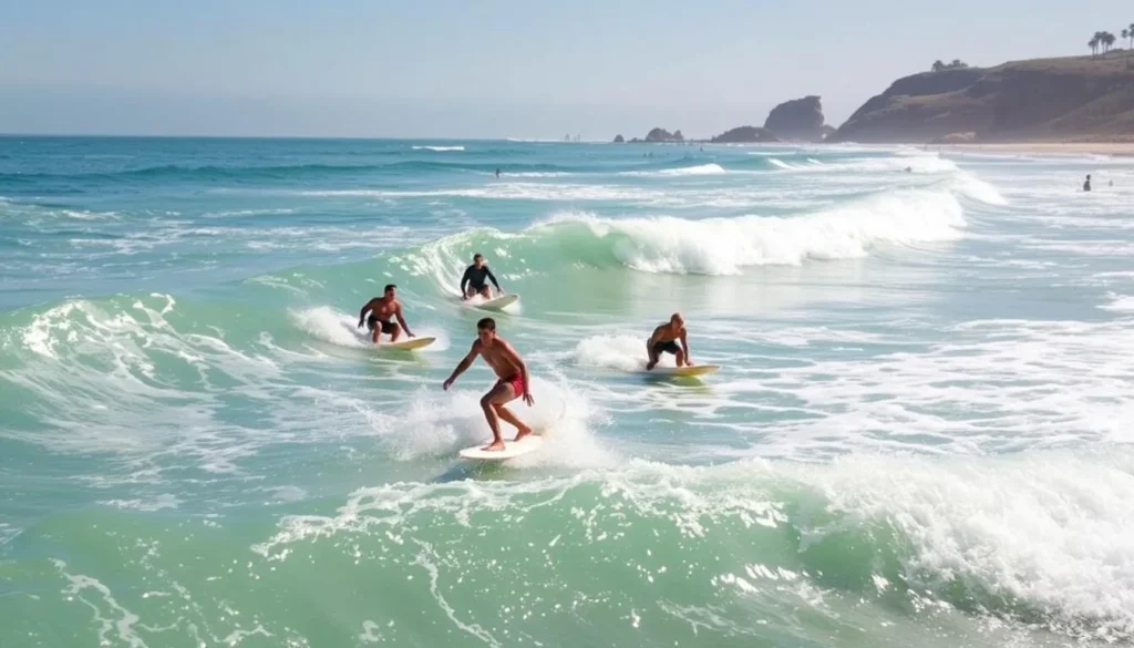 Image of surfers riding waves at Pismo Beach