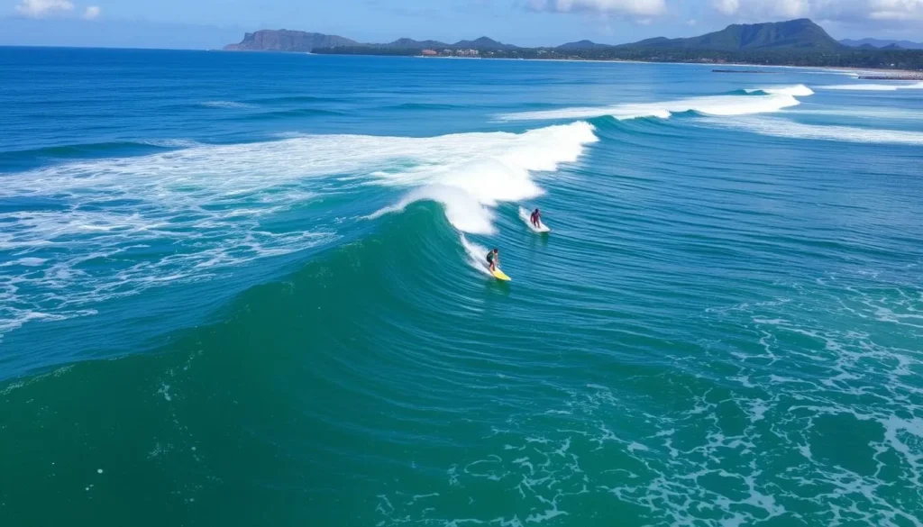 Image of surfers riding waves on Dahican Beach