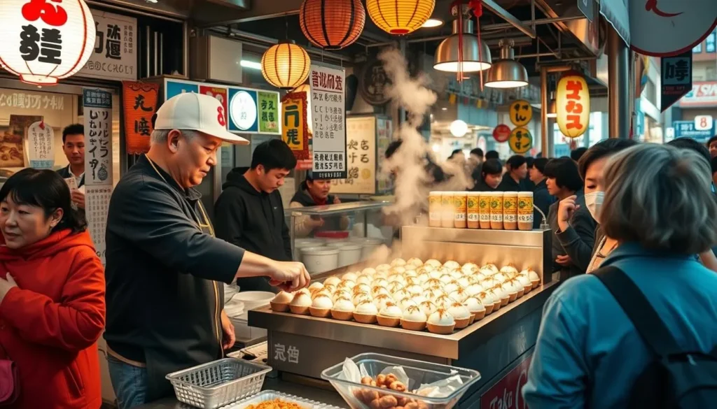 Image of takoyaki being cooked at a street food stall in Osaka