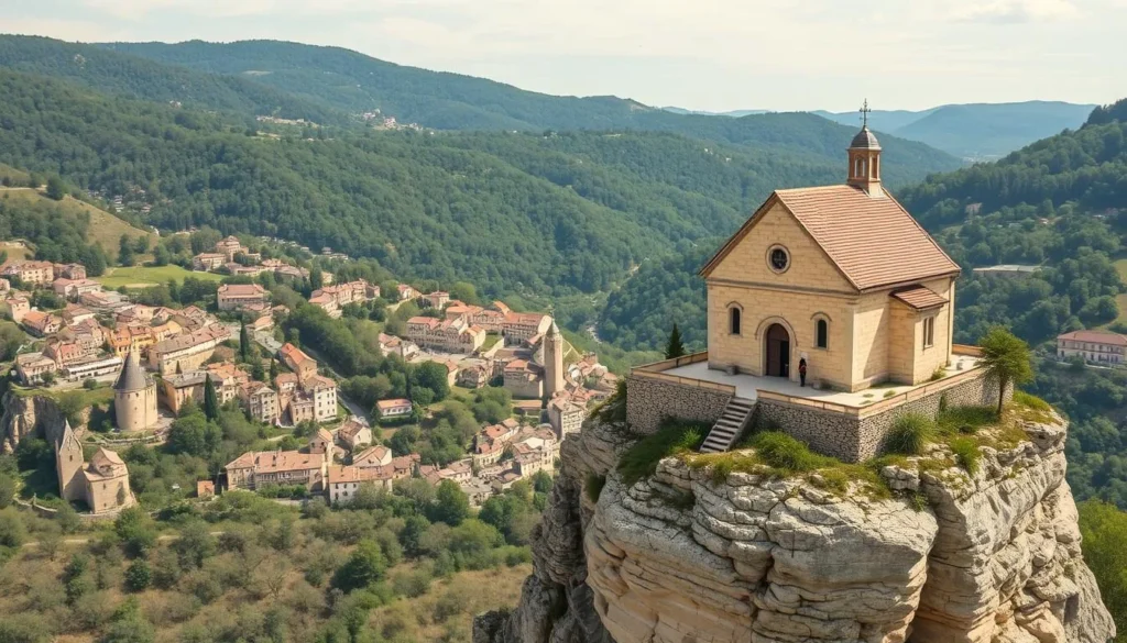 Image of the 13th-century Chapelle de l'Hospitalet perched on the cliff opposite Rocamadour