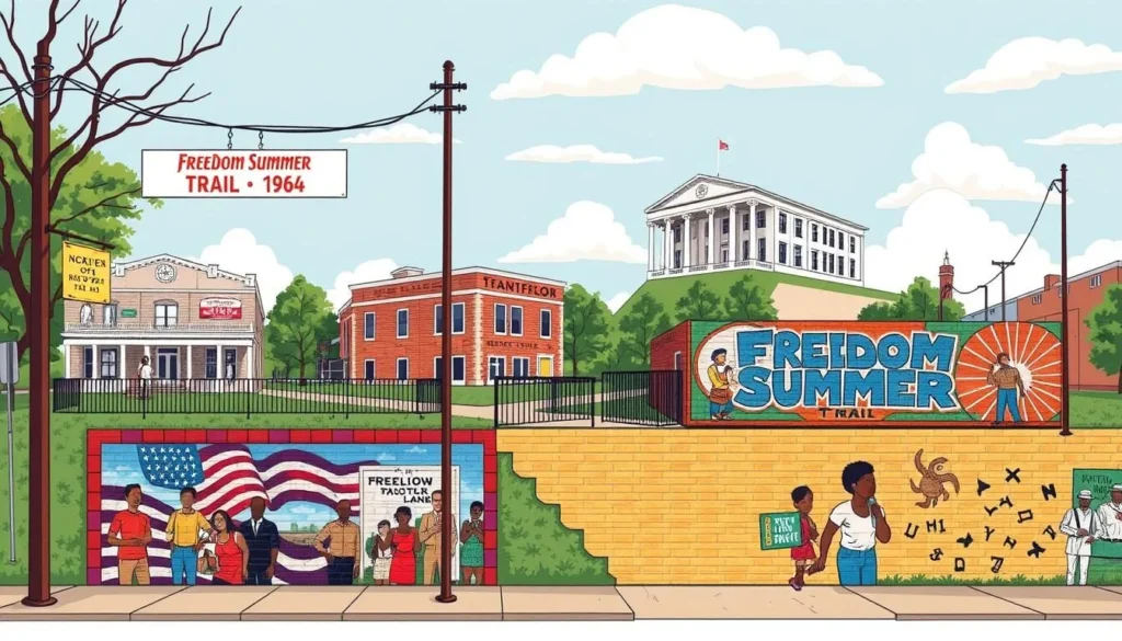 Image of the 1964 Freedom Summer Trail in Hattiesburg, Mississippi, featuring civil rights landmarks and murals.