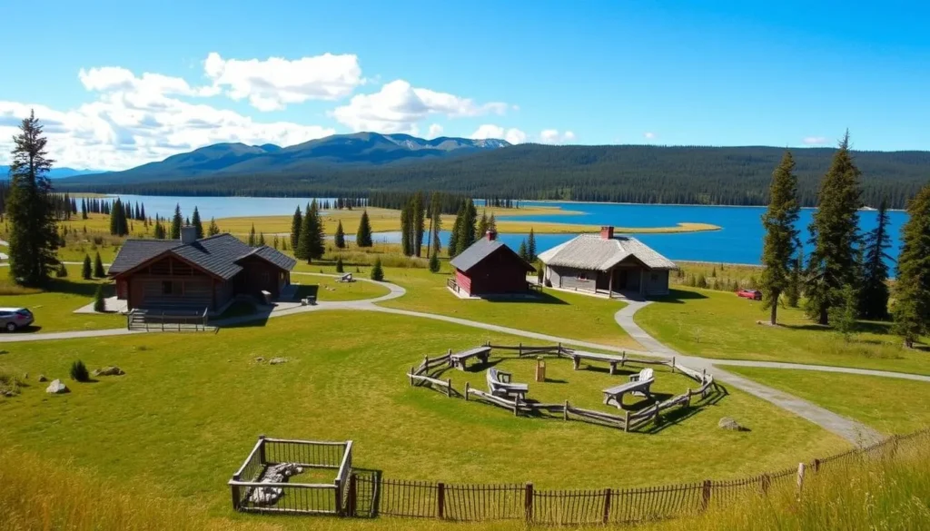 Image of the Alaska Native Heritage Center's outdoor Lake Tiulana area with traditional dwellings