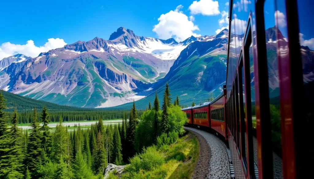 Image of the Alaska Railroad train traveling through a scenic Alaskan landscape