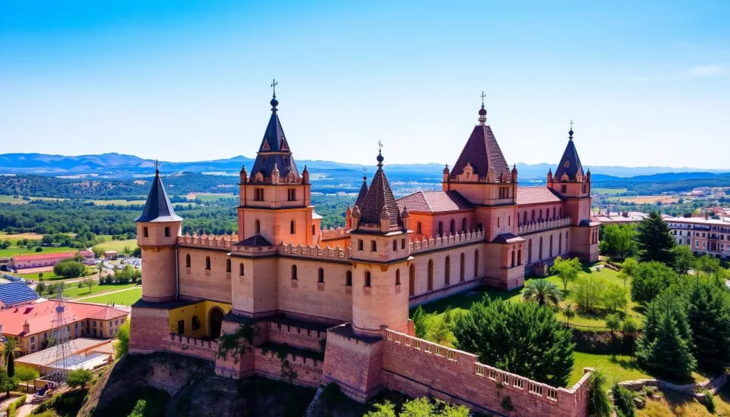 Image of the Alcázar of Segovia with its distinctive spires and surrounding landscape