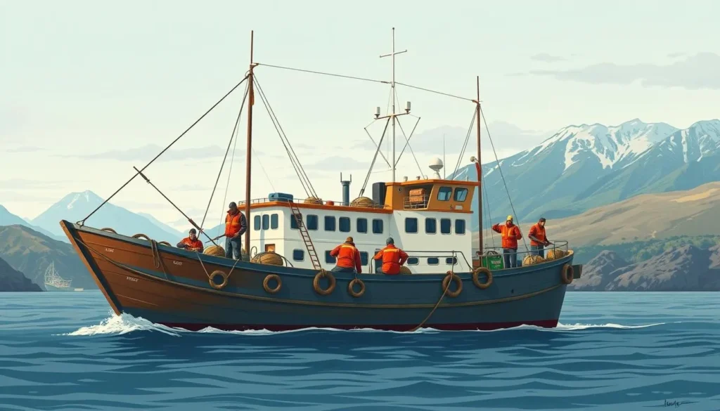 Image of the Aleutian Ballad ship with fishermen demonstrating crab fishing techniques