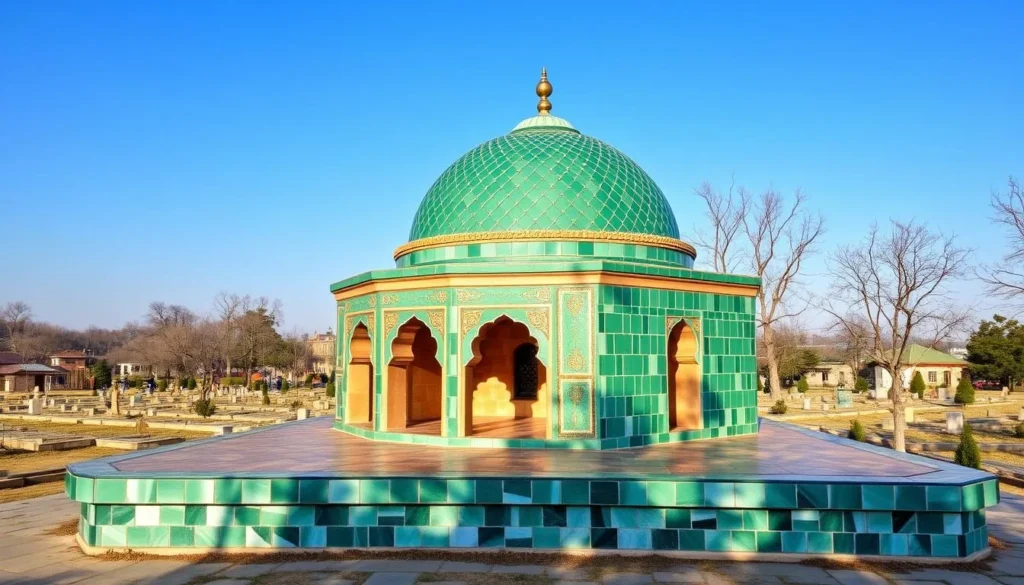 Image of the Apak Khoja Mausoleum with its distinctive green-glazed tiles and the surrounding Uyghur cemetery