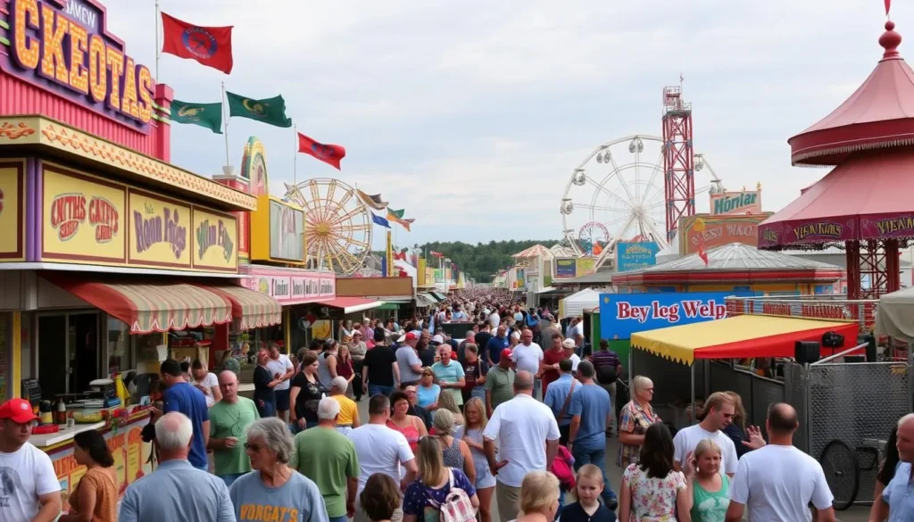 Image of the Arkansas State Fair, showcasing a variety of food stalls, rides, and animal exhibits.