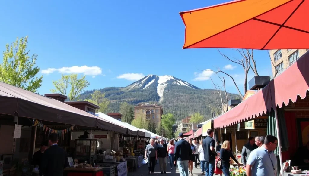 Image of the Aspen Saturday Market with vendors and Aspen Mountain in the background