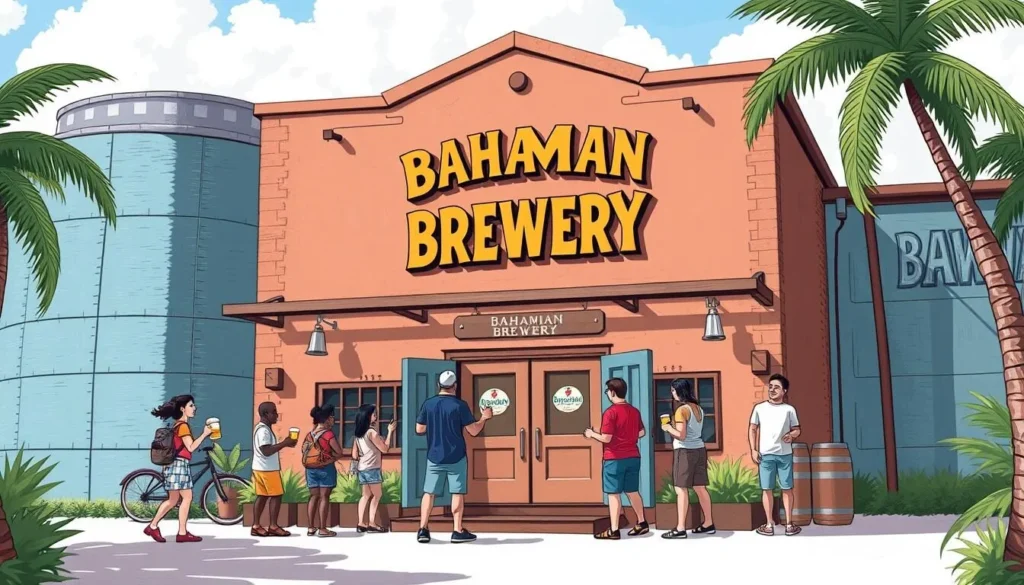 Image of the Bahamian Brewery building or a tour group sampling beers