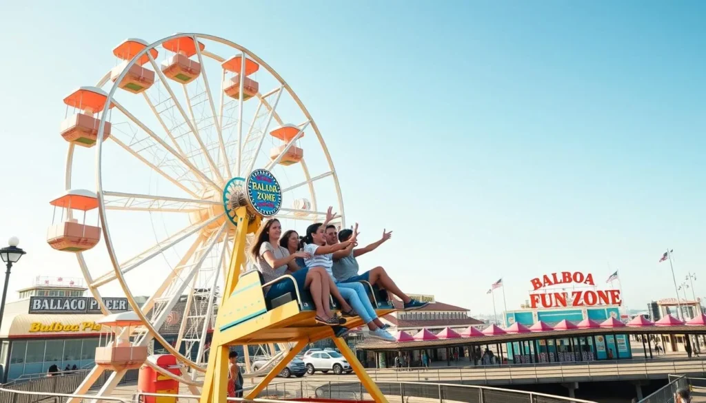Image of the Balboa Fun Zone Ferris wheel with people enjoying the ride near Balboa Pier