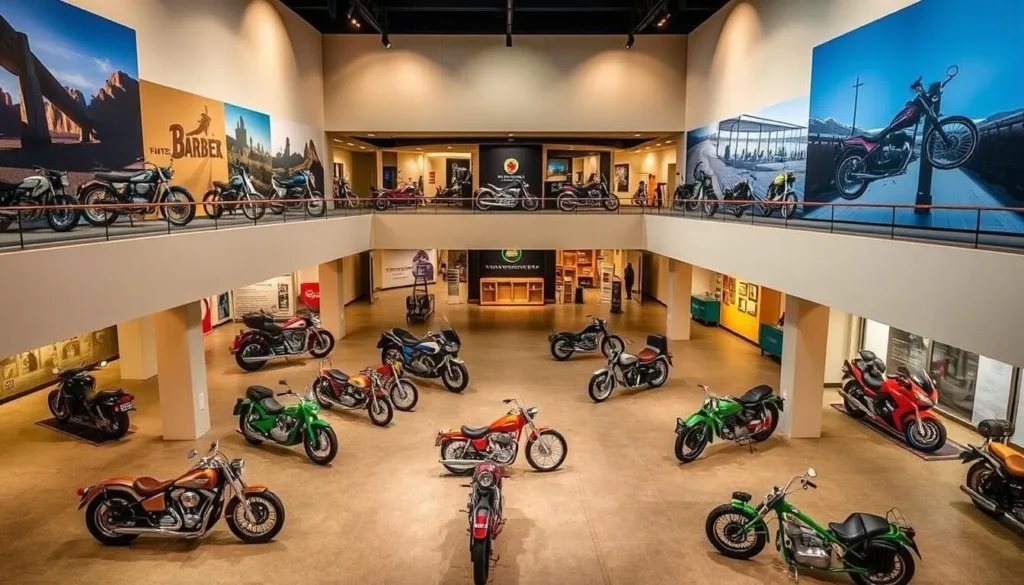 Image of the Barber Vintage Motorsports Museum's multi-level display area with motorcycles arranged in artistic formations