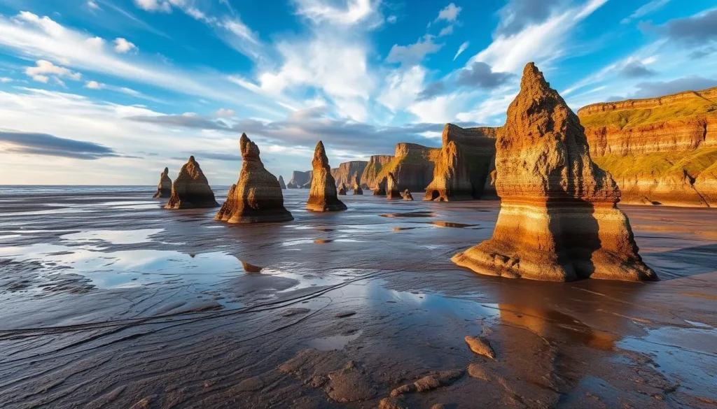 Image of the Bay of Fundy at low tide with sea stacks visible