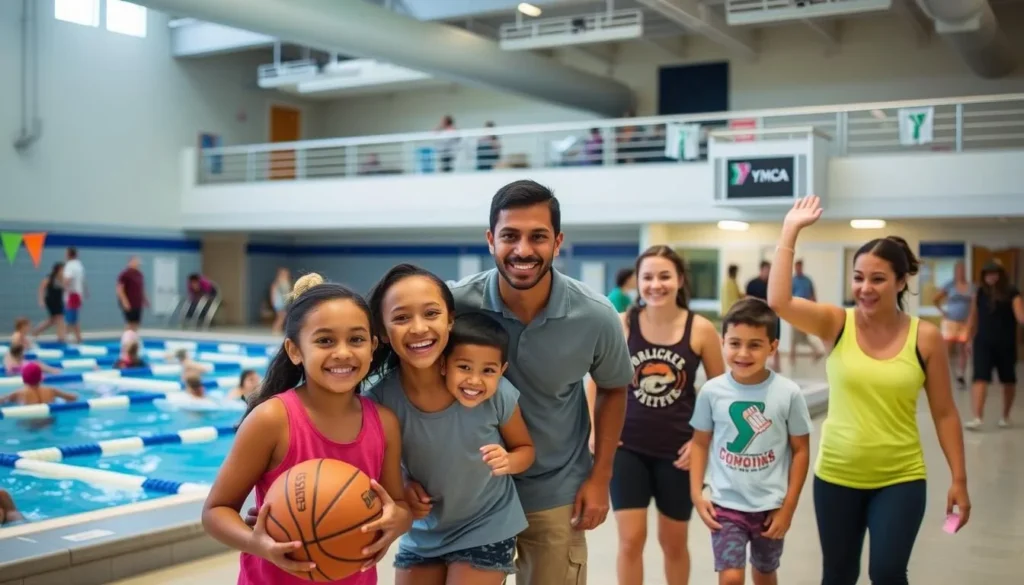 Image of the Brockton YMCA facility with families engaging in various activities