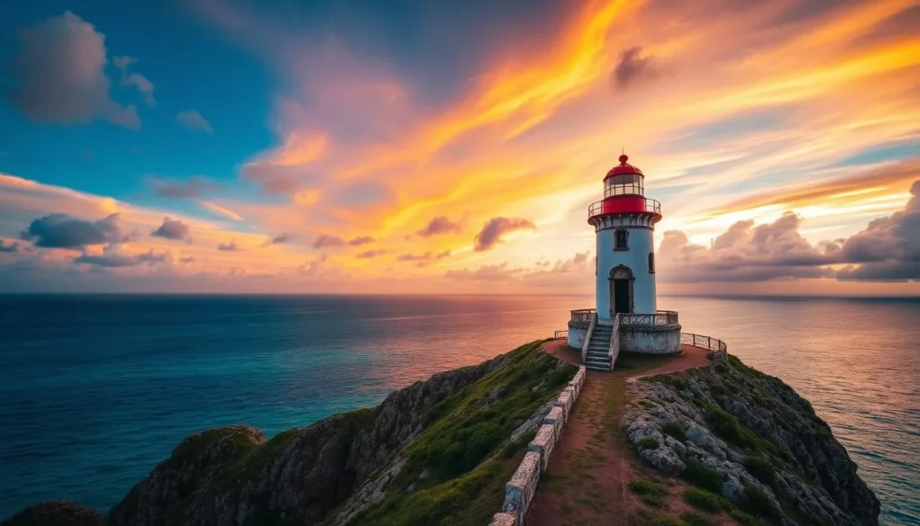 Image of the Cabo Rojo Lighthouse on limestone cliffs with the Caribbean Sea and Atlantic Ocean in the background.