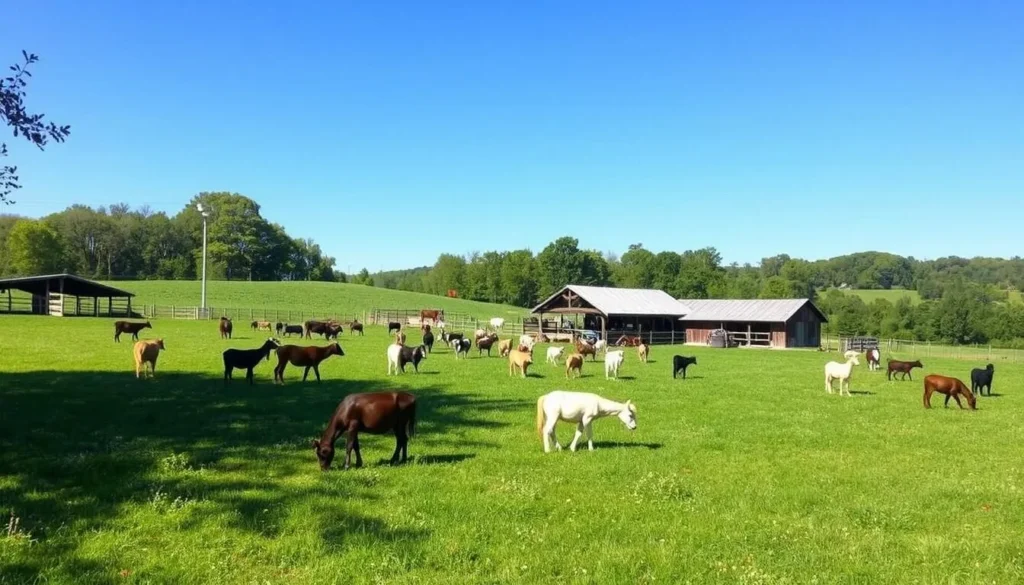 Image of the Catskill Animal Sanctuary's main farm with rescued animals grazing