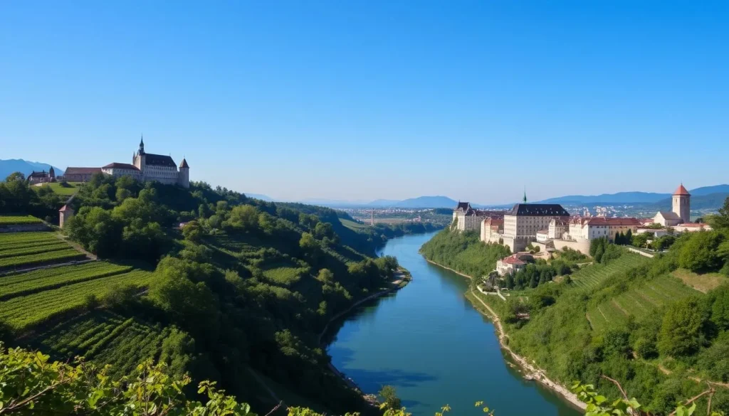 Image of the Danube Valley with vineyards and medieval castles Image of the Danube Valley with vineyards and medieval castles