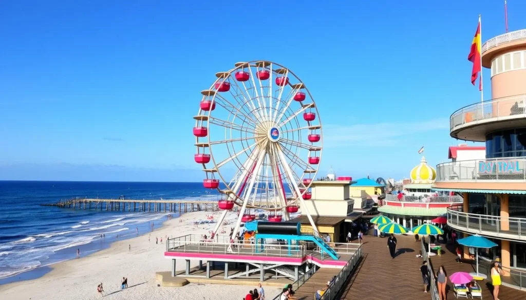 Image of the Daytona Beach Boardwalk with a Ferris wheel and ocean views
