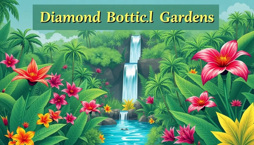 Image of the Diamond Botanical Gardens, showcasing its lush tropical plants and the stunning Diamond Waterfall.