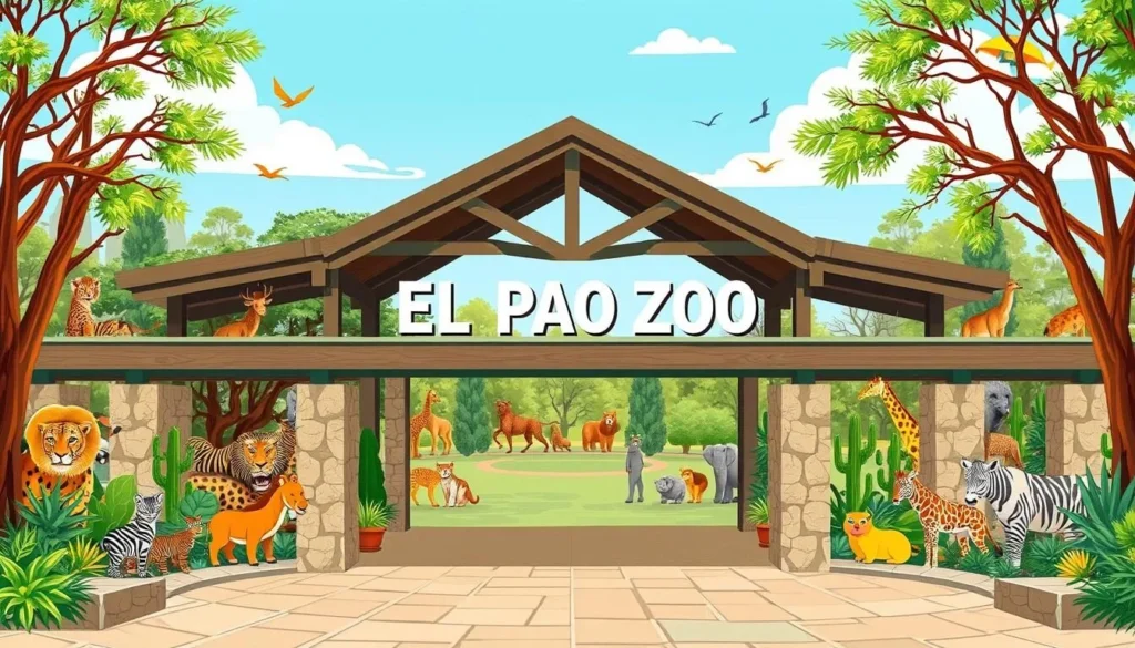 Image of the El Paso Zoo's main entrance with a variety of animals in the background