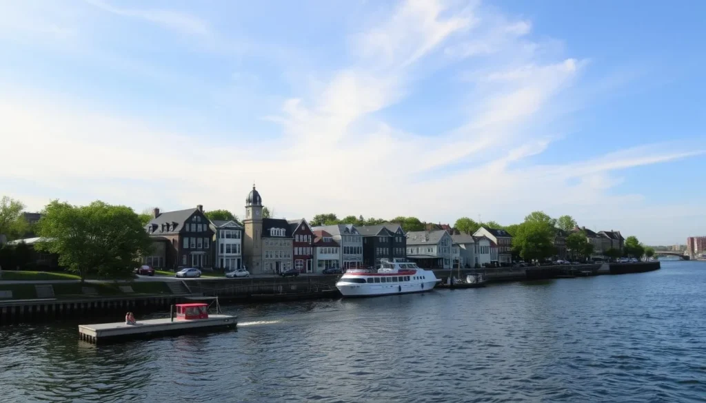 Image of the Essex waterfront with the Connecticut River and historic buildings