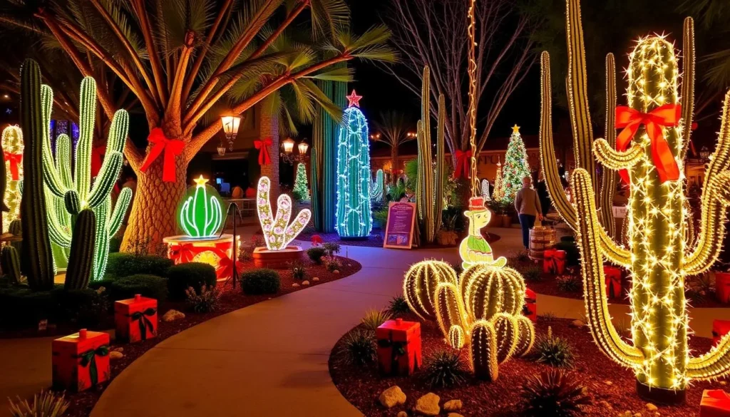 Image of the Ethel M Botanical Cactus Garden during the holiday season