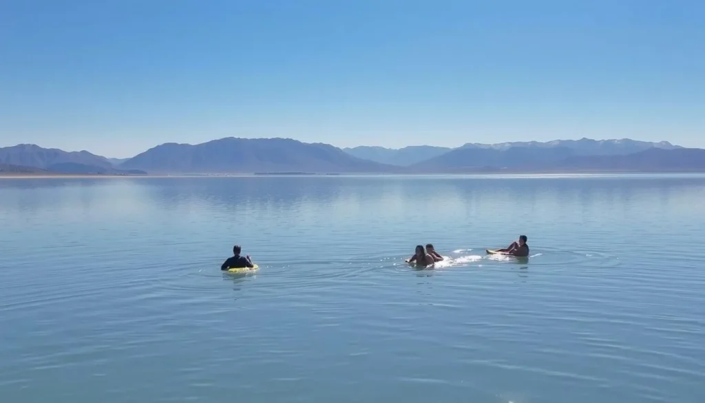 Image of the Great Salt Lake with people floating effortlessly in its buoyant waters