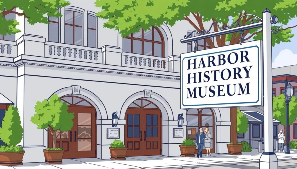 Image of the Harbor History Museum's exterior with a sign indicating its name