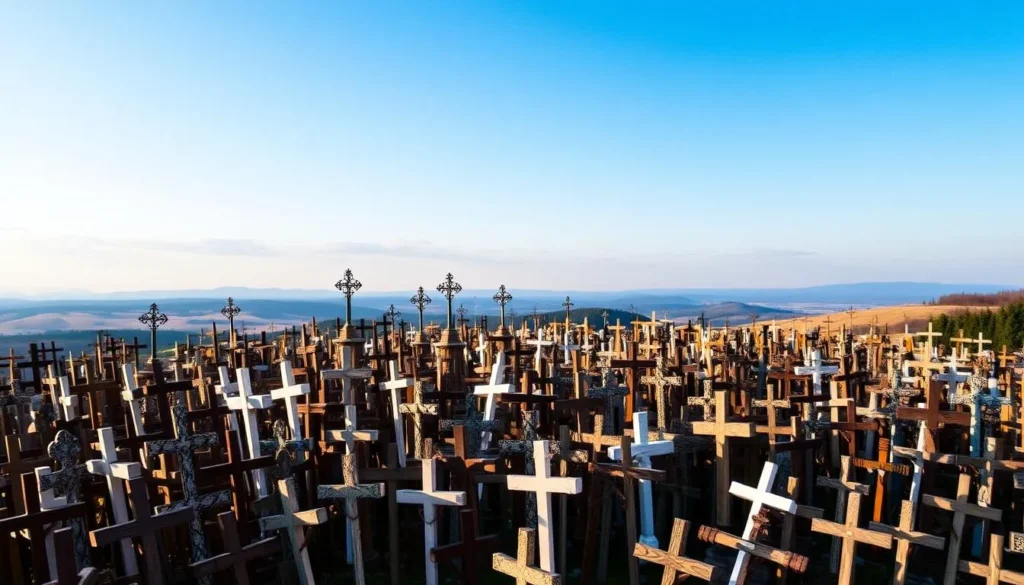 Image of the Hill of Crosses with thousands of crosses in the foreground and a serene landscape in the background