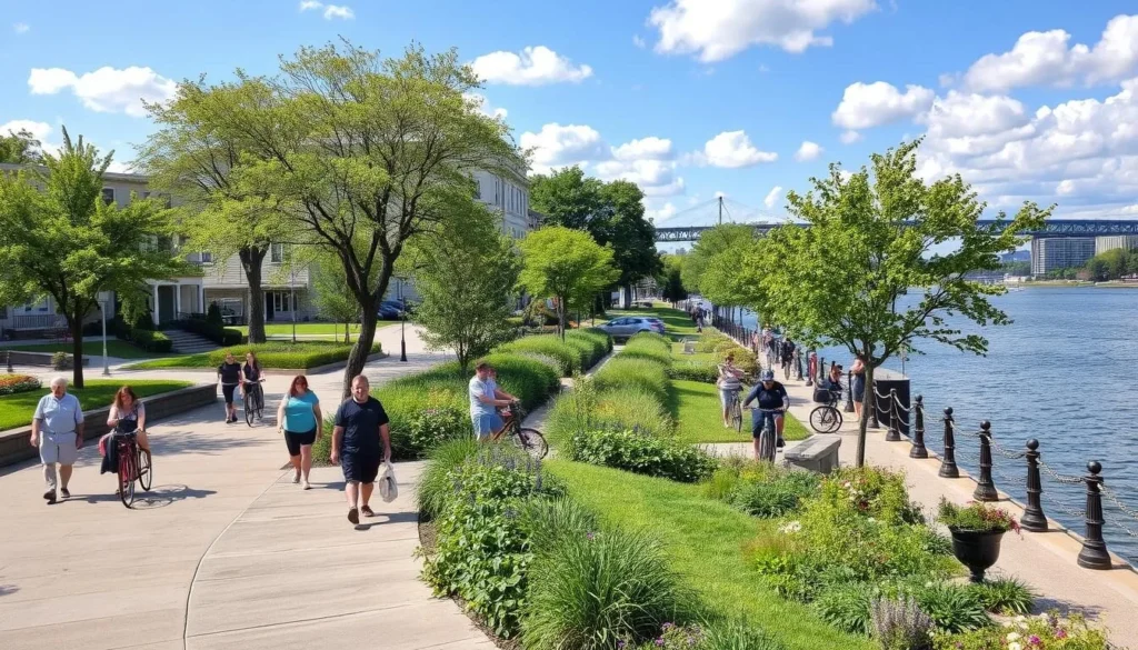Image of the Hudson River Waterfront in Yonkers with scenic views and people enjoying activities