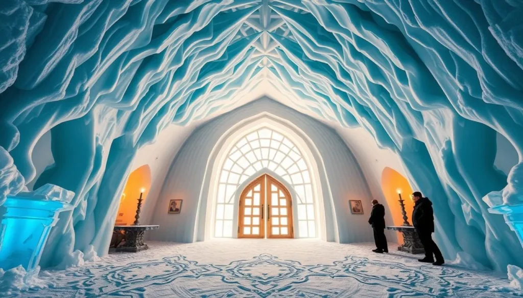 Image of the Ice Hotel's grand entrance with ice sculptures