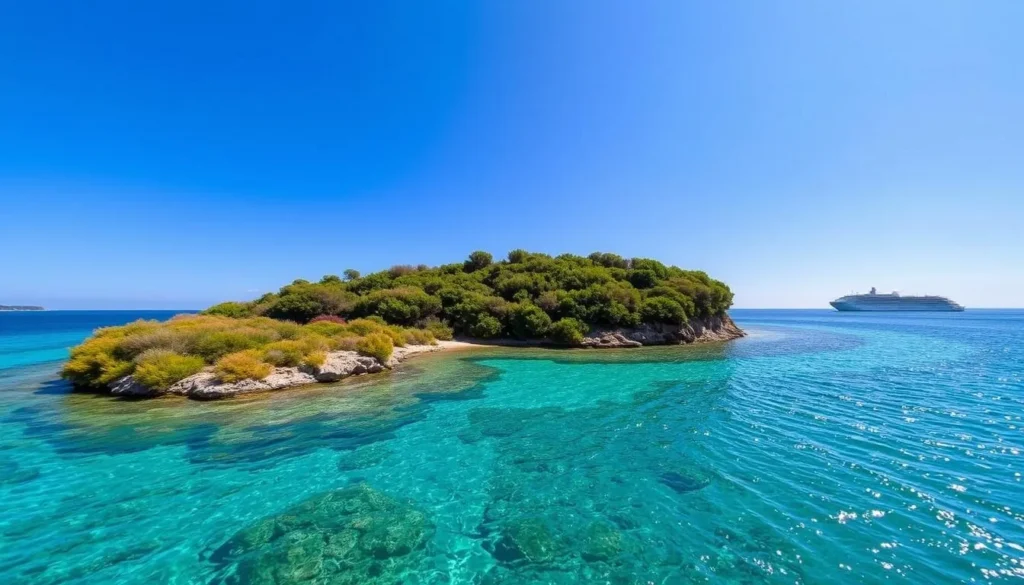 Image of the Iles de Lérins archipelago with crystal-clear waters and lush vegetation