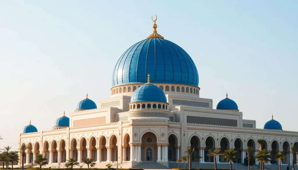 Image of the King Abdullah Mosque with its blue dome