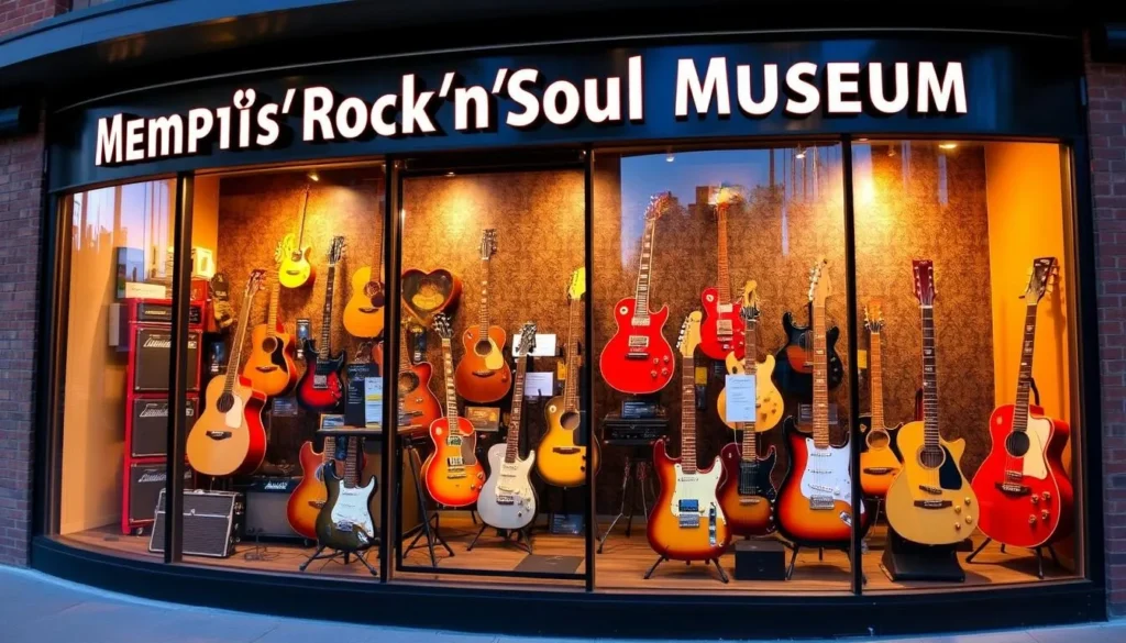 Image of the Memphis Rock 'n' Soul Museum's exterior with a display of musical instruments