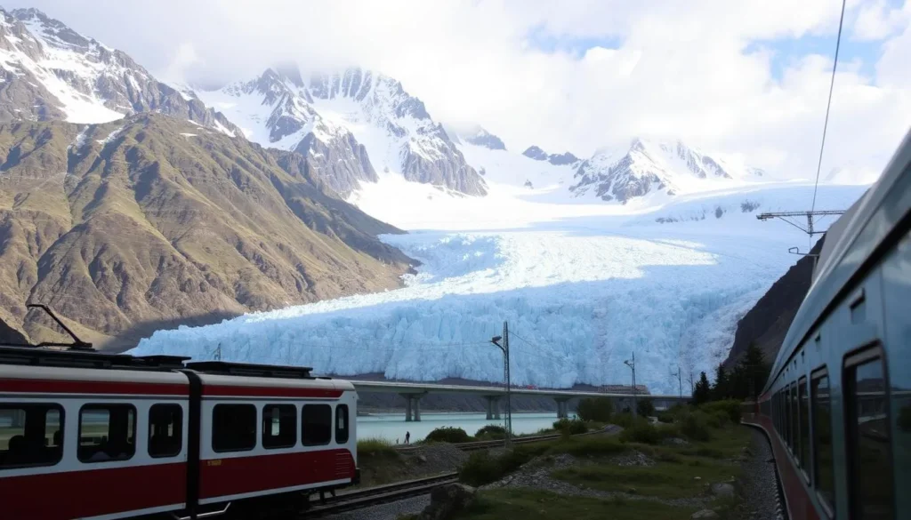 Image of the Mer de Glace glacier with the Montenvers train in the foreground Image of the Mer de Glace glacier with the Montenvers train in the foreground