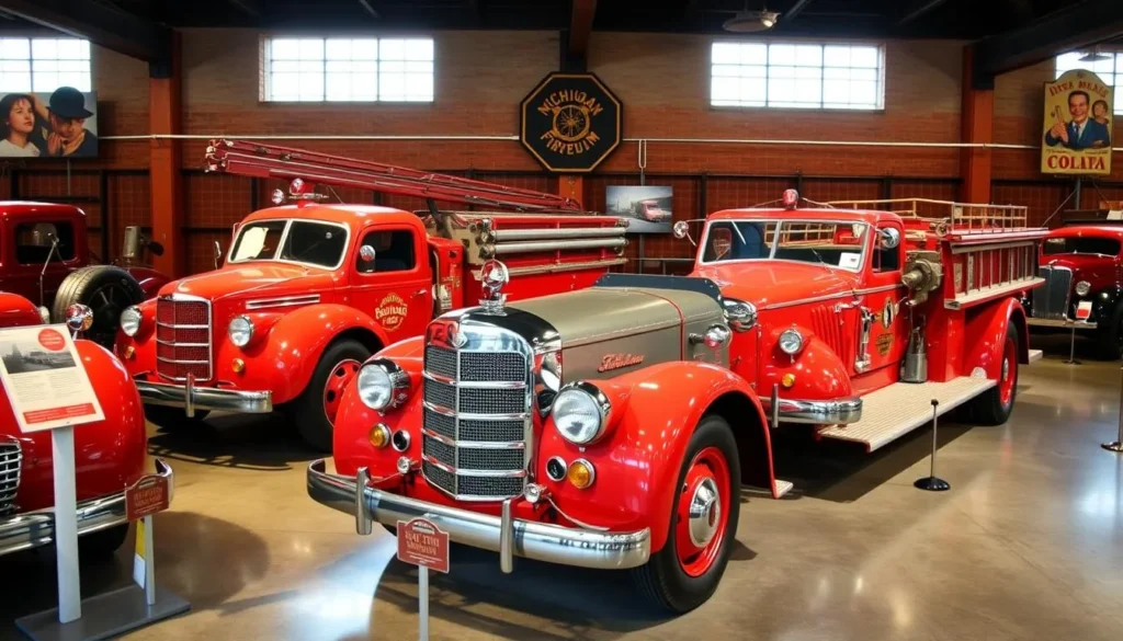 Image of the Michigan Firehouse Museum's historic fire trucks and exhibits