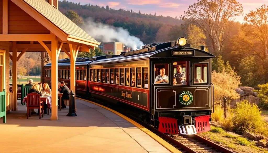 Image of the My Old Kentucky Dinner Train departing from a station with passengers enjoying their meal on board.