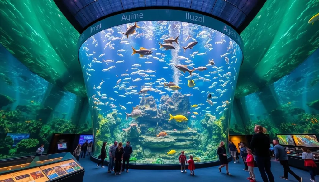 Image of the National Marine Aquarium Plymouth with a large tank in the background and various marine life on display