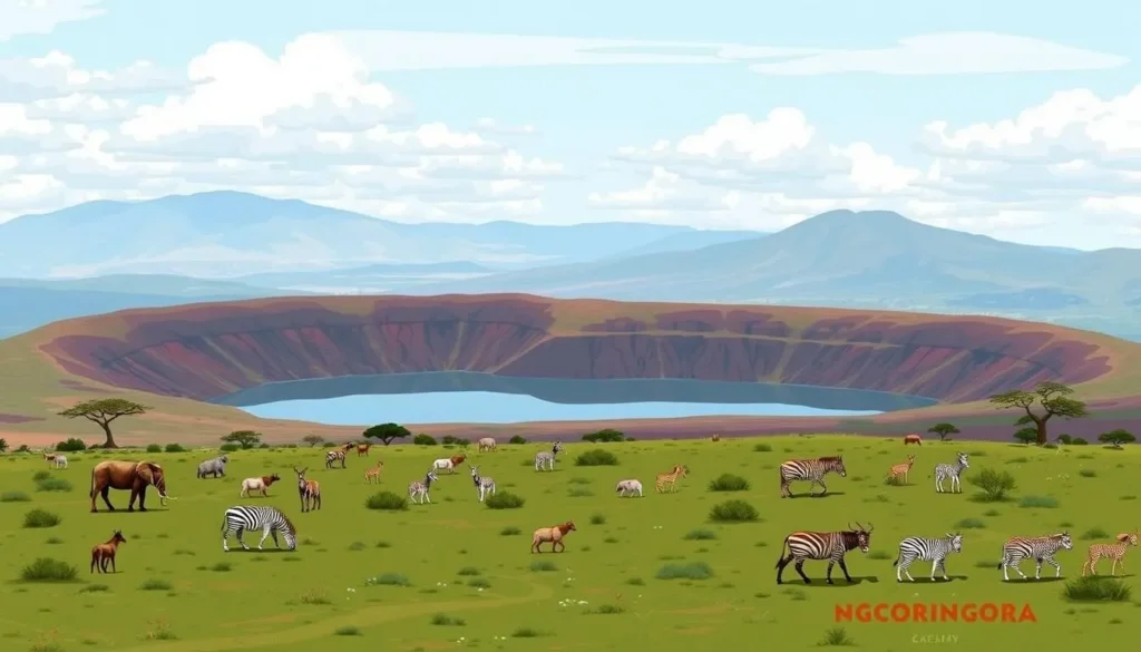 Image of the Ngorongoro Crater with diverse wildlife and Lake Magadi