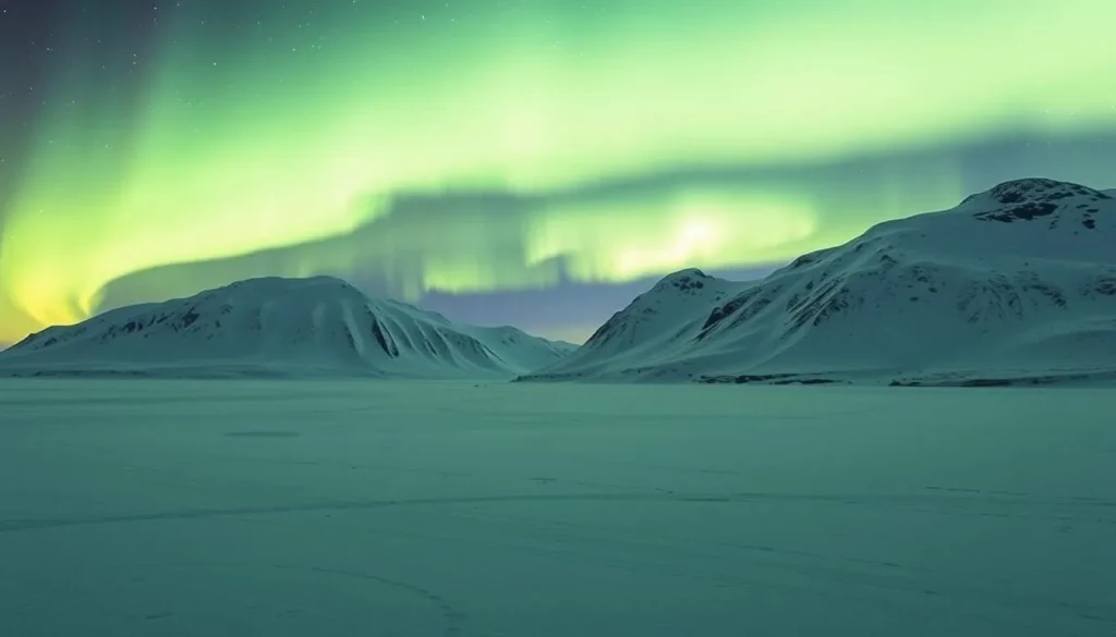Image of the Northern Lights over a snowy Greenlandic landscape Image of the Northern Lights over a snowy Greenlandic landscape