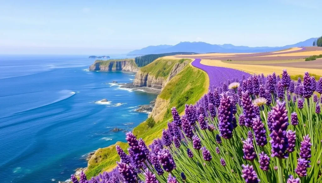 Image of the Olympic Peninsula coastline with lavender fields